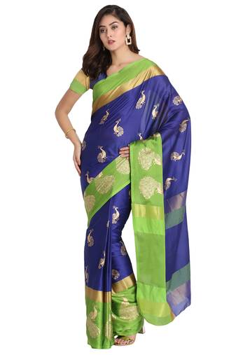 Blue printed art silk saree with blouse