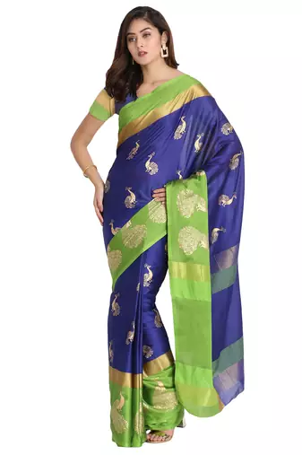 Blue printed art silk saree with blouse