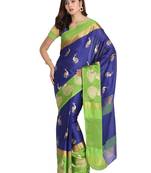 Blue printed art silk saree with blouse
