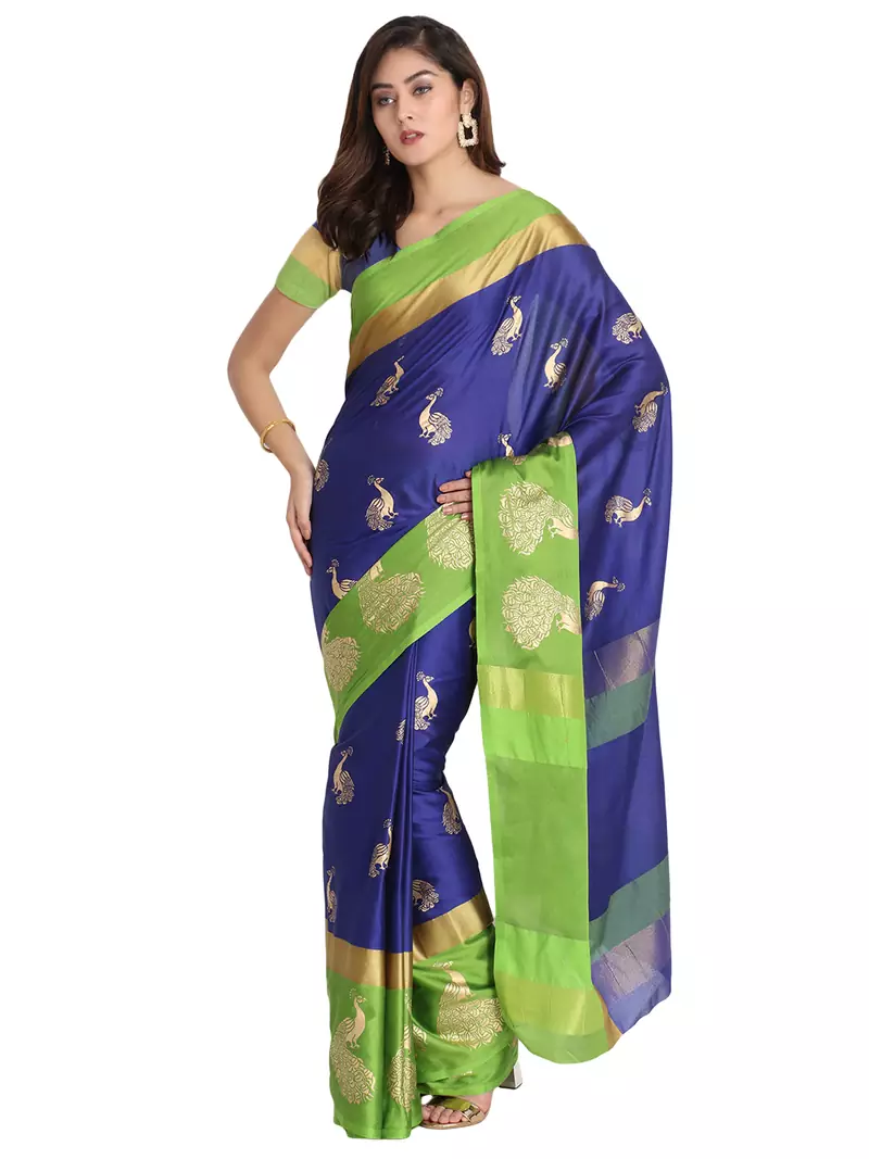 Blue printed art silk saree with blouse