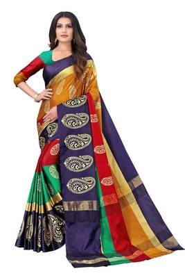 Multicolor printed art silk saree with blouse 1