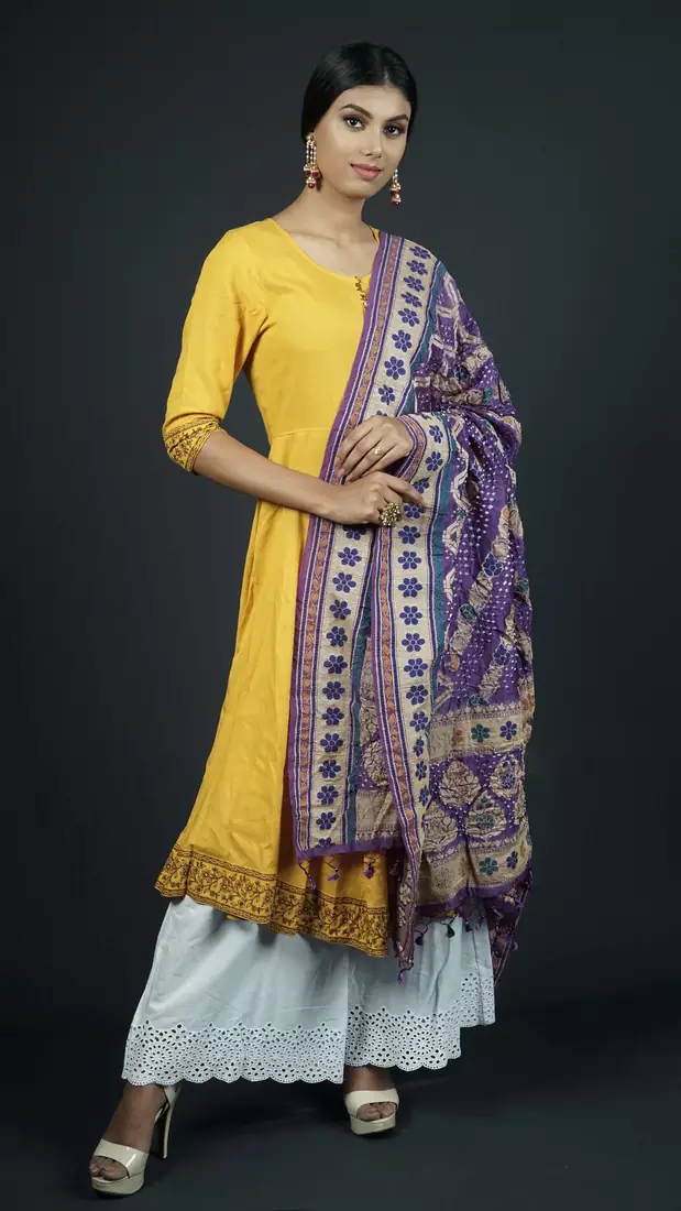 Purple Banarasi Cotton Silk Bandhej Meena Dupatta