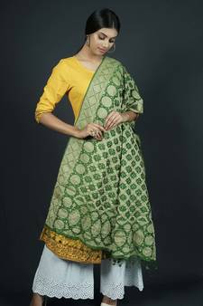 Green Banarasi Cotton Silk bandhej Dupatta