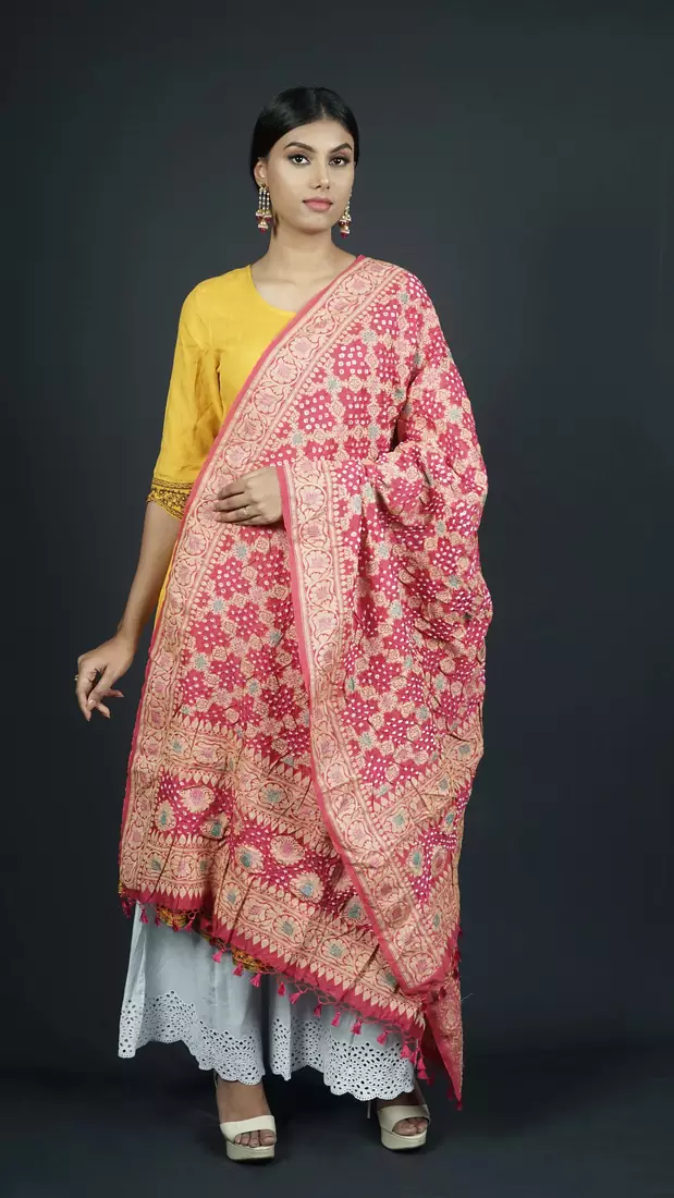 Pink Banarasi Cotton Silk Bandhej Meena Dupatta
