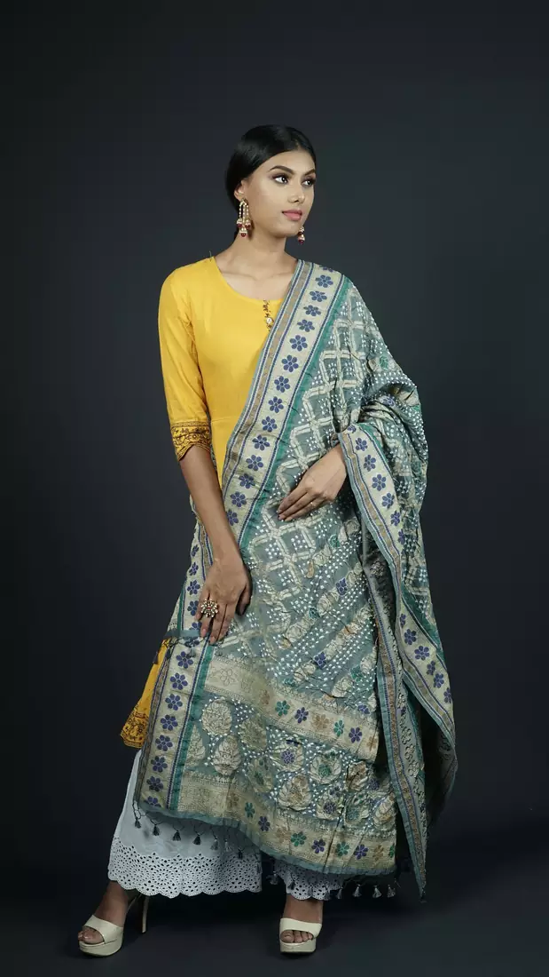 Grey Banarasi Cotton Silk Bandhej Meena Dupatta