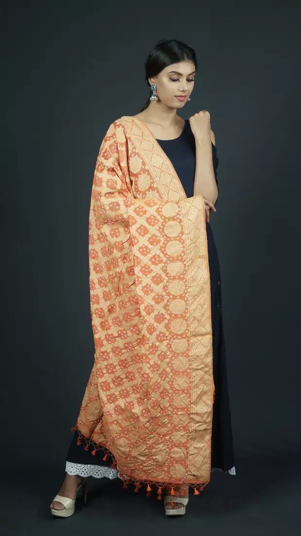 Orange Banarasi Cotton Silk bandhej Dupatta