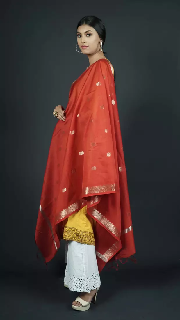 Red Banarasi Pure Chanderi Silk Jaamdani Dupatta