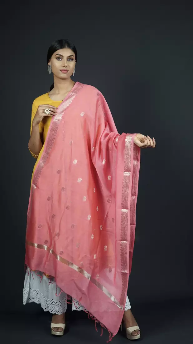 Pink Banarasi Pure Chanderi Silk Jaamdani Dupatta