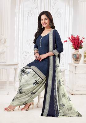 Women's navy-blue color crepe printed unstitched salwar suit material 1