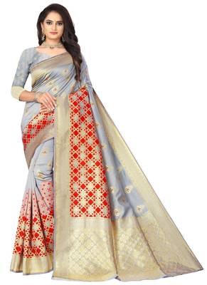 Grey Banarasi Silk Jacquard Work Designer Saree 1