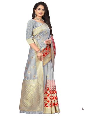 Grey Banarasi Silk Jacquard Work Designer Saree 2