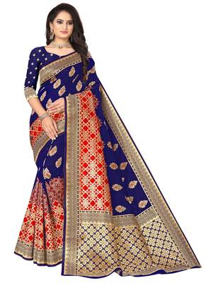 Navy Blue Banarasi Silk Jacquard Work Designer Saree 1