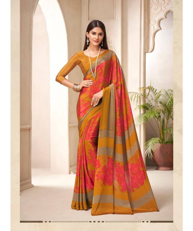 Musterd Printed silk saree  with blouse