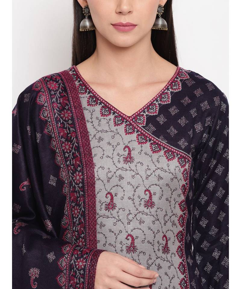 Grey Liva unstitched acrylic wool blend dress material