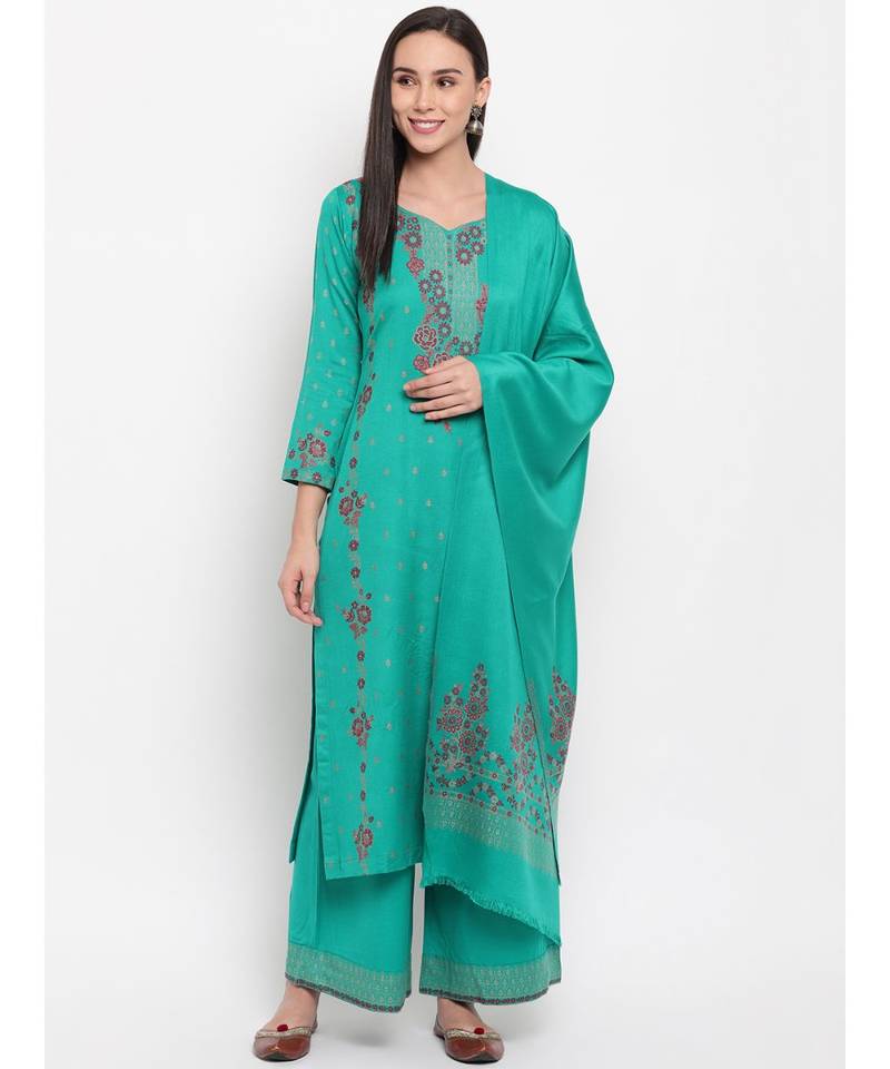 Turquiose Liva unstitched acrylic wool blend dress material - HK Colours of  Fashion - 3561255