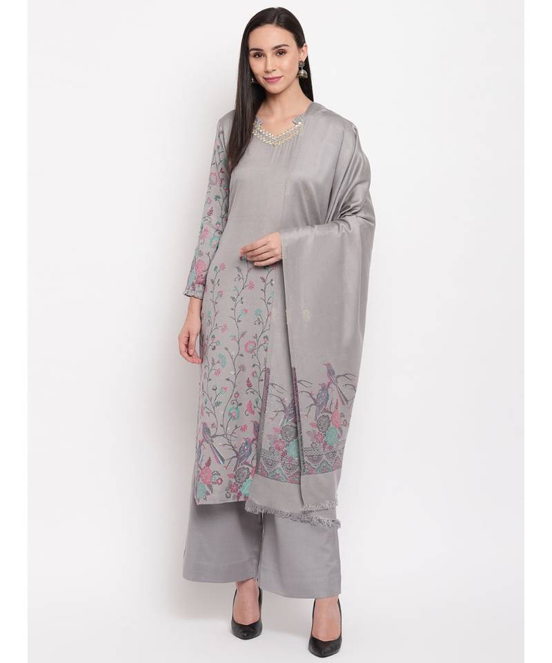Grey Woven Design unstitched acrylic wool blend dress material