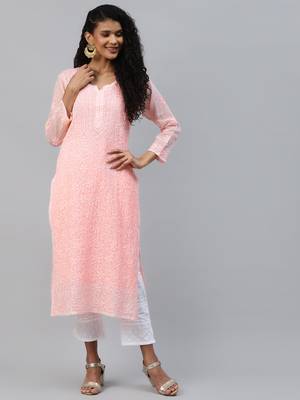Handmade Peach Cotton Lucknowi Chikankari Indian Women Kurta 1