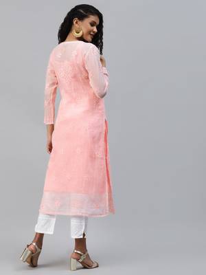 Handmade Peach Cotton Lucknowi Chikankari Indian Women Kurta 2