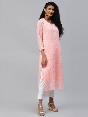 Handmade Peach Cotton Lucknowi Chikankari Indian Women Kurta 3
