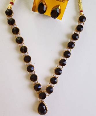 Gold Plated Black Glass Crystal Stones Studded Necklace  Set with Matching Earrings for Women and Girls. 1
