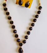 Gold Plated Black Glass Crystal Stones Studded Necklace  Set with Matching Earrings for Women and Girls.