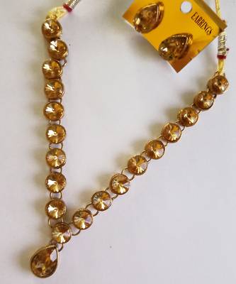 Gold Plated Copper Glass Crystal Stones Studded Necklace  Set with Matching Earrings for Women and Girls. 1