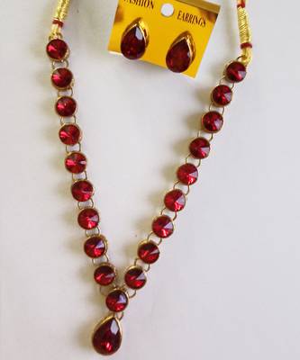 Gold Plated Maroon Glass Crystal Stones Studded Necklace  Set with Matching Earrings for Women and Girls. 1