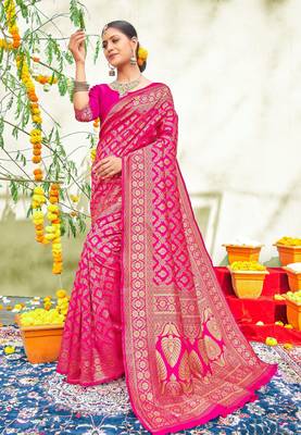 Pink woven art silk sarees saree with blouse 1