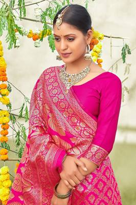 Pink woven art silk sarees saree with blouse 2
