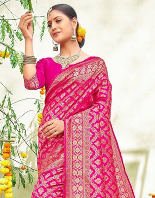 Pink woven art silk sarees saree with blouse 3