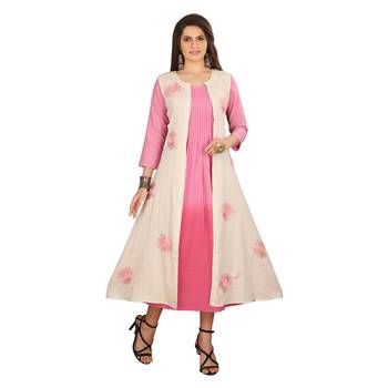 Cream embroidered cotton long-kurtis 1