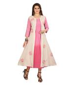 Cream embroidered cotton long-kurtis