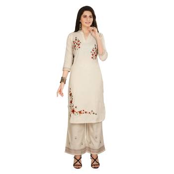Cream embroidered cotton long-kurtis 1