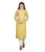 Mustard embroidered cotton long-kurtis
