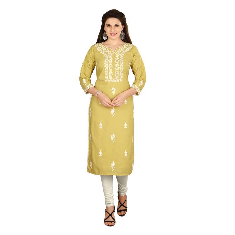 Mustard embroidered cotton long-kurtis