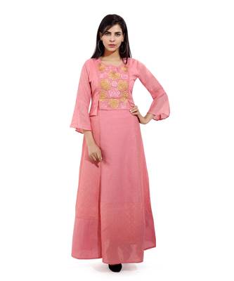 Pink embroidered cotton long-kurtis 1