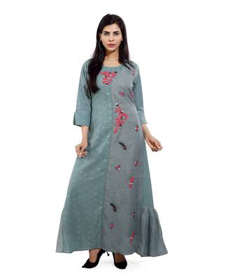 Grey embroidered cotton long-kurtis 1