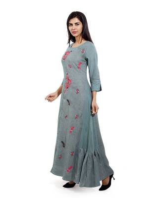 Grey embroidered cotton long-kurtis 3