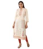 Cream printed cotton long-kurtis