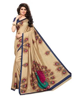 beige printed art silk saree with blouse 1