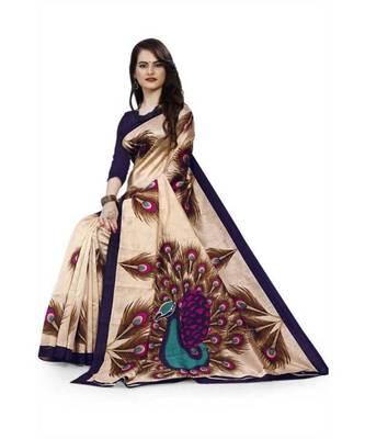beige printed art silk saree with blouse 7