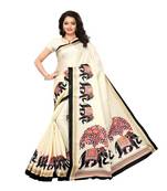 Beige Printed Art Silk Saree With Blouse