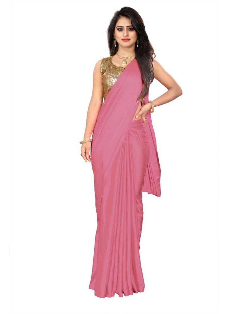 Dark pink plain satin saree with blouse