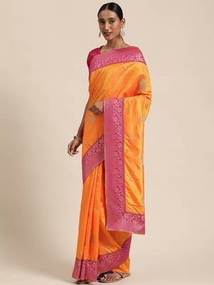 Yellow embroidered silk blend saree with blouse 1