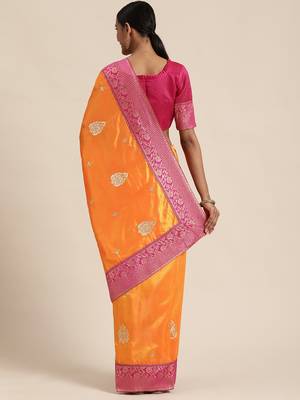 Yellow embroidered silk blend saree with blouse 2