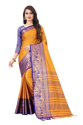 Yellow woven cotton silk saree with blouse 1