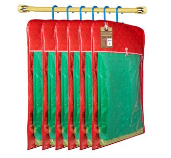 atorakushon Satin Maroon Hanging Saree Cover Wardrobe Cloth organizer for Storage Rack Garment Storage Bags Pack of 6 1