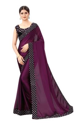 Wine embroidered silk saree with blouse 1