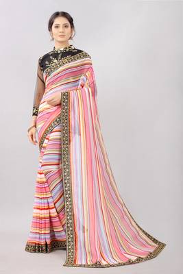 Pink printed georgette saree with blouse 1