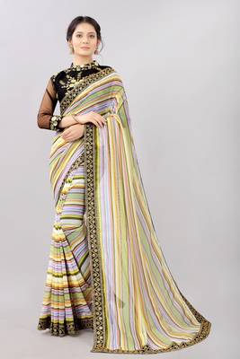Yellow printed georgette saree with blouse 1